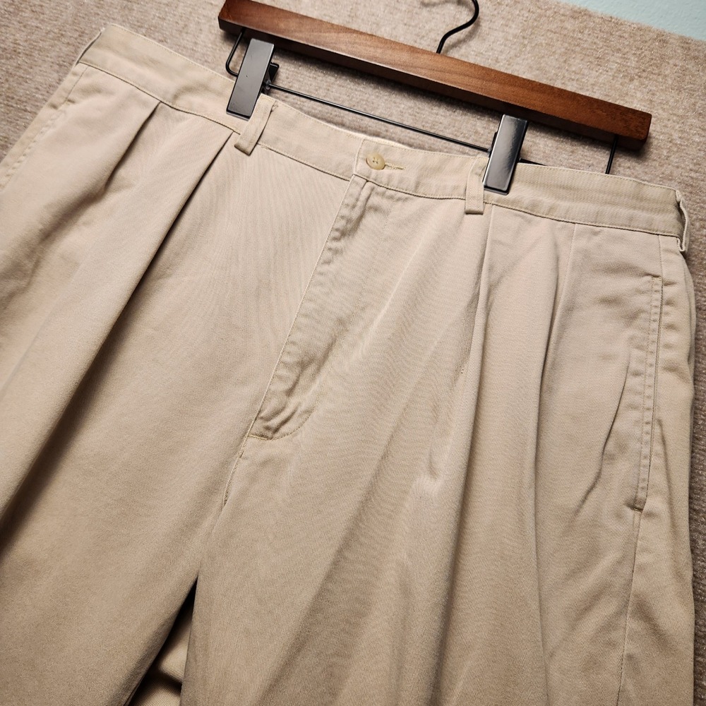 Polo Ralph Lauren Chino Pants Mens 36x32 Tan Beige Pleated‎ Cotton Twill Classic